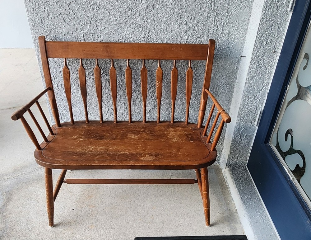 Vintage Nichols & Stone Solid Maple Windsor Arrow-Back Wood Settee Bench
