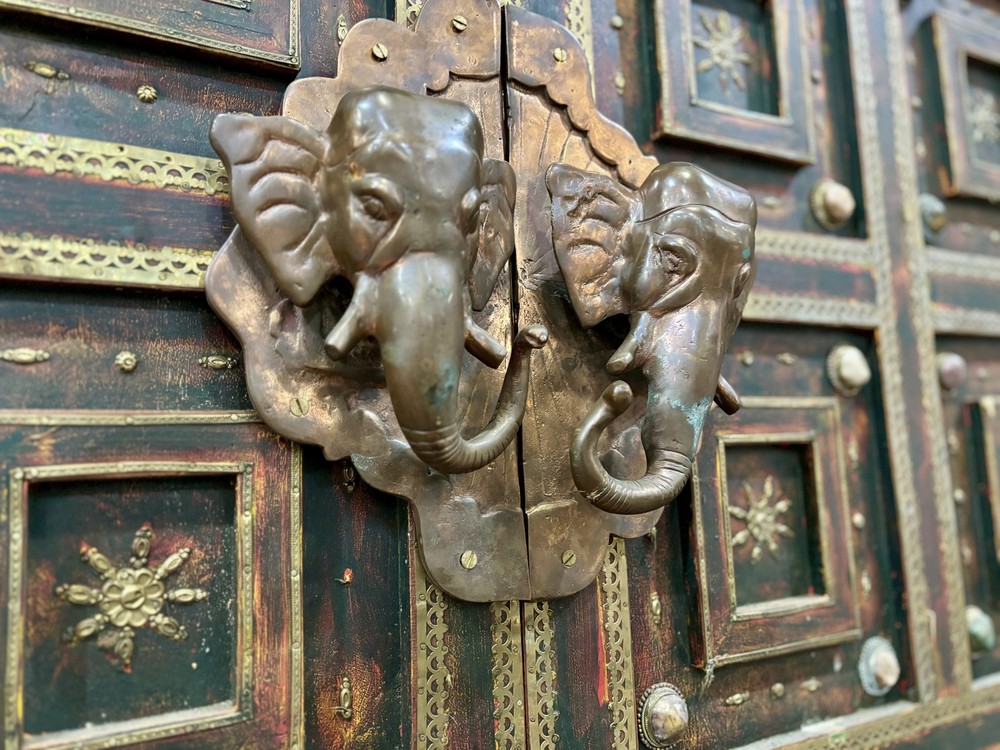 Mughal Style Storage Cabinet with Brass Elephant Head Pulls, 58" Wide