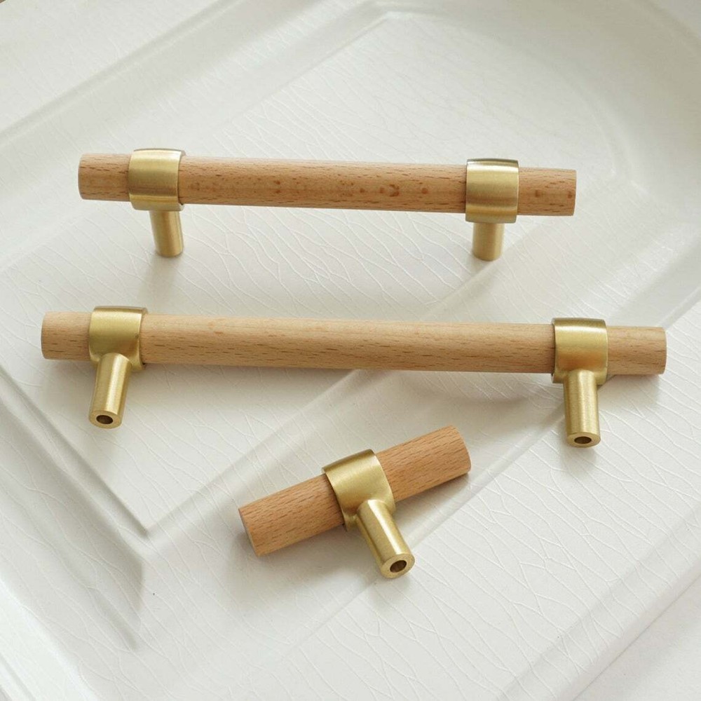 2.5" 3.75'' 4.5" 5''Beech Wood Handle Brass Cabinet Handle Pulls Wardrobe Pull
