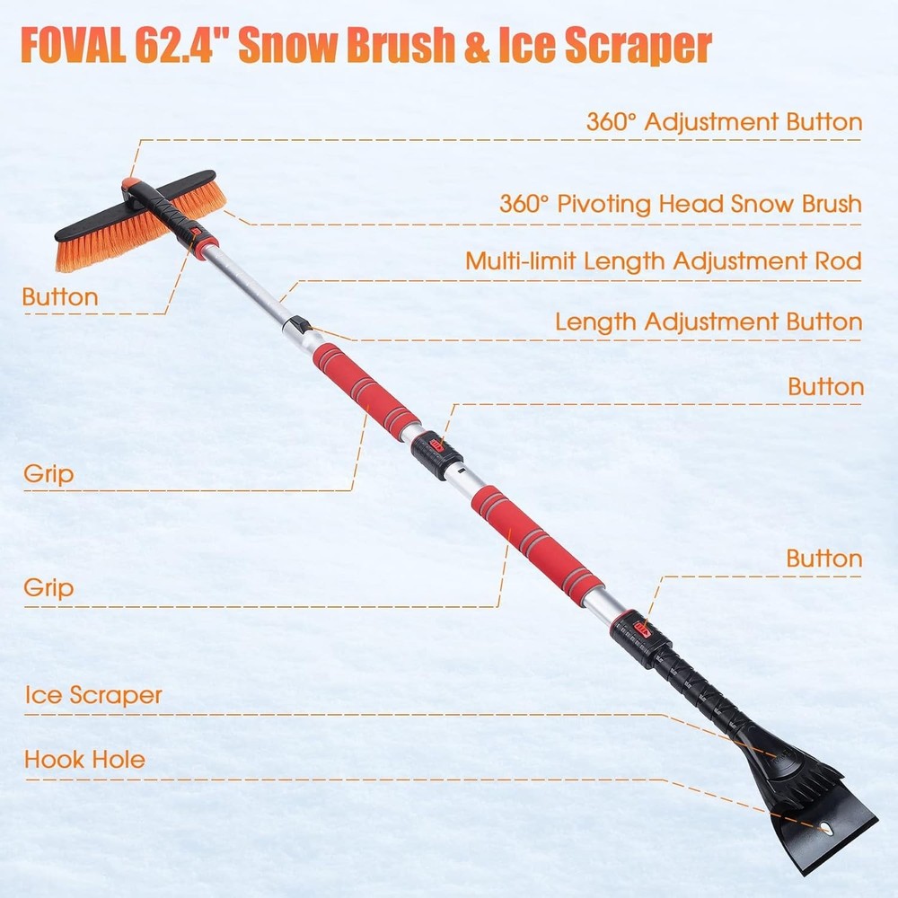 Compact 62.4” Snow Brush with Adjustable Length - Essential Winter Tool