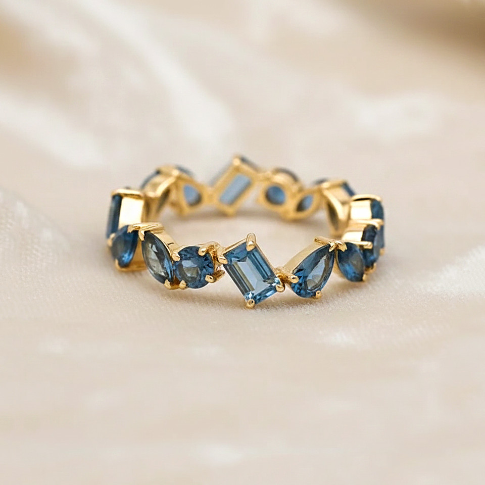 Lab Created Multi Shape London Blue Topaz Ring, Eternity Wedding Ring 925 Silver