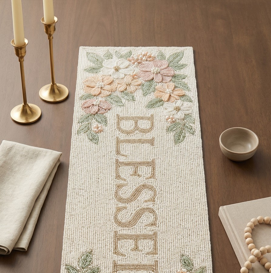 Handmade Beaded Table Runner 13x36 - Blessed Floral Design - Elegant Spring