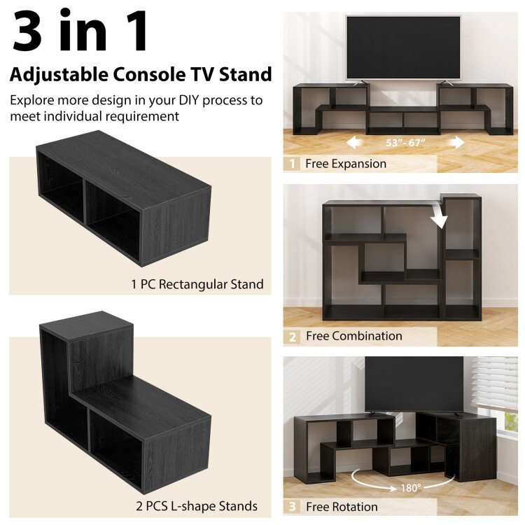 3 Pcs Adjustable TV Stand Set w/ Rectangular Shelf 2 L shaped Shelf For TVs 65''