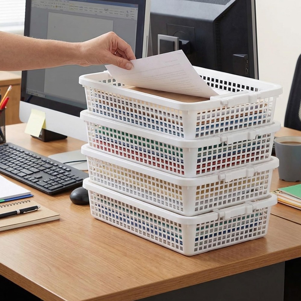 4 Pack Plastic Basket for Organizing, Stackable A4 Paper Trays with Handle, T...