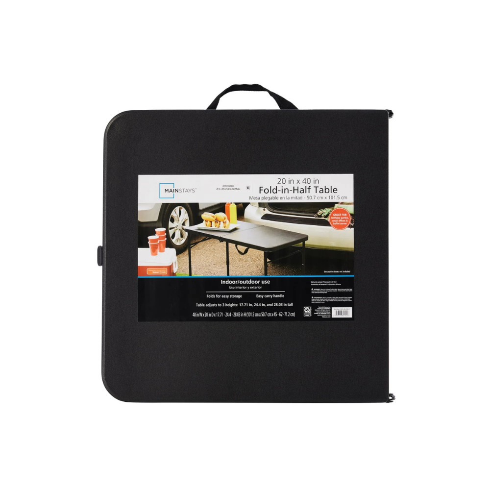 Mainstays 40" Plastic Adjustable Height Fold-in-Half Folding Table, Rich Black
