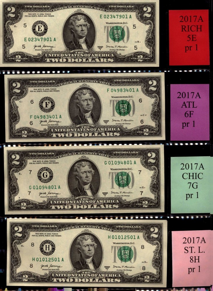 (44) 2017A series $2 notes COMPLETE district set of 12 FRB'S-same last 2 digits