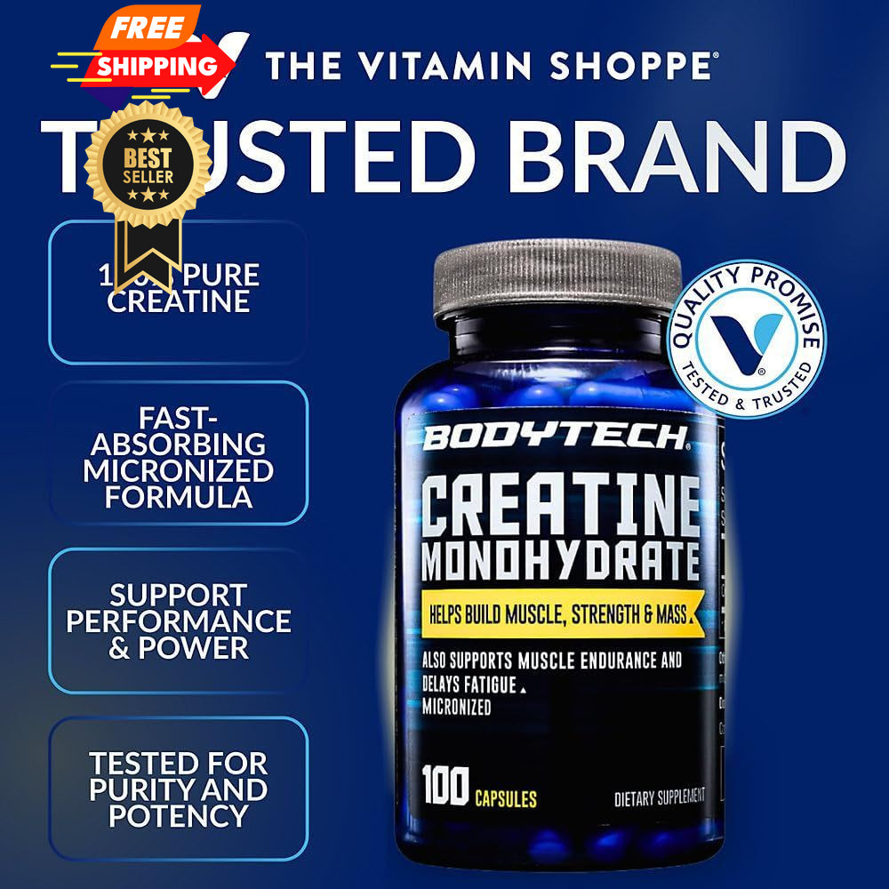 BodyTech Creatine Monohydrate Capsules, Micronized 100 Count (Pack of 1)
