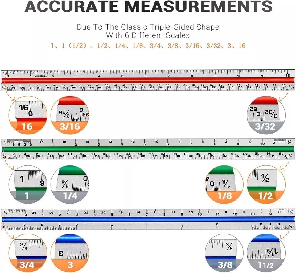 12" Architectural Scale Ruler Aluminum Architect Scale Triangular Scale Ruler