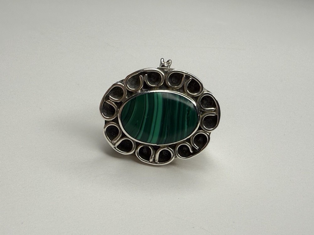 Vintage Sterling Silver Malachite Pill Snuff Box