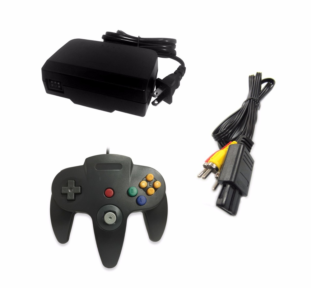 AC Adapter + Black Controller + AV Cable Cord Bundle for Nintendo 64 N64