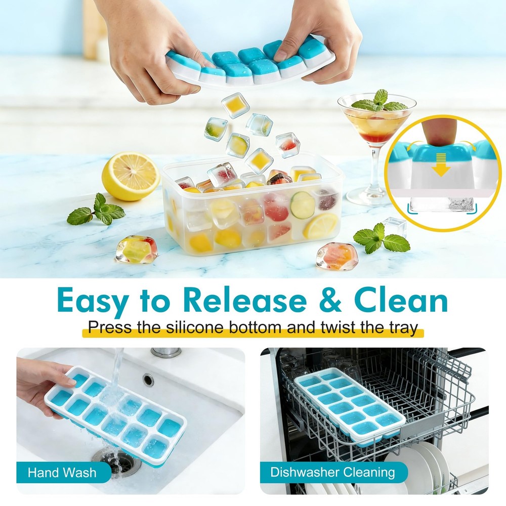 NFK Ice Cube Tray with Lid & Bin - 4 Pack Stackable Silicone Trays for Blue
