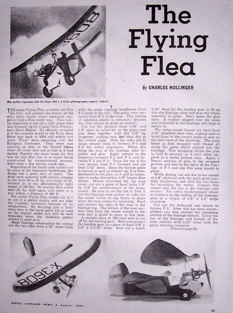Rare FLYING FLEA PLAN + CONSTRUCTION ARTICLE to Build 23" UC Model Airplane