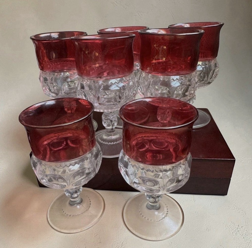 Tiffin Glass Co. "King's Crown" ruby red flashed thumbprint goblets. Collection