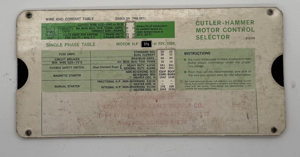 Vintage Cutler-Hammer Motor Control Selector Slide Chart - 1970 - A