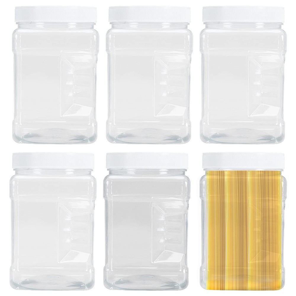 6 Pack Square Plastic Jars with Lids, 30 Oz Clear Rectangular 4-Cup Container...
