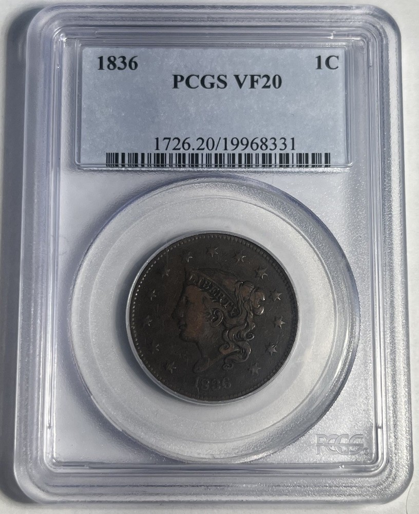 1836 CORONET HEAD LARGE CENT GRADED PCGS VF20