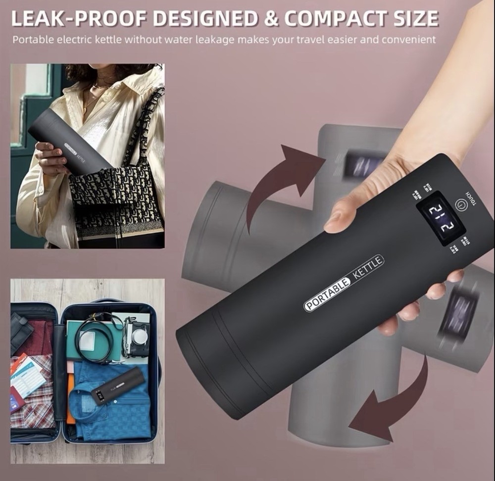 Portable Cordless Electric Kettle 450ml Black Temp Control, Auto Shut-Off