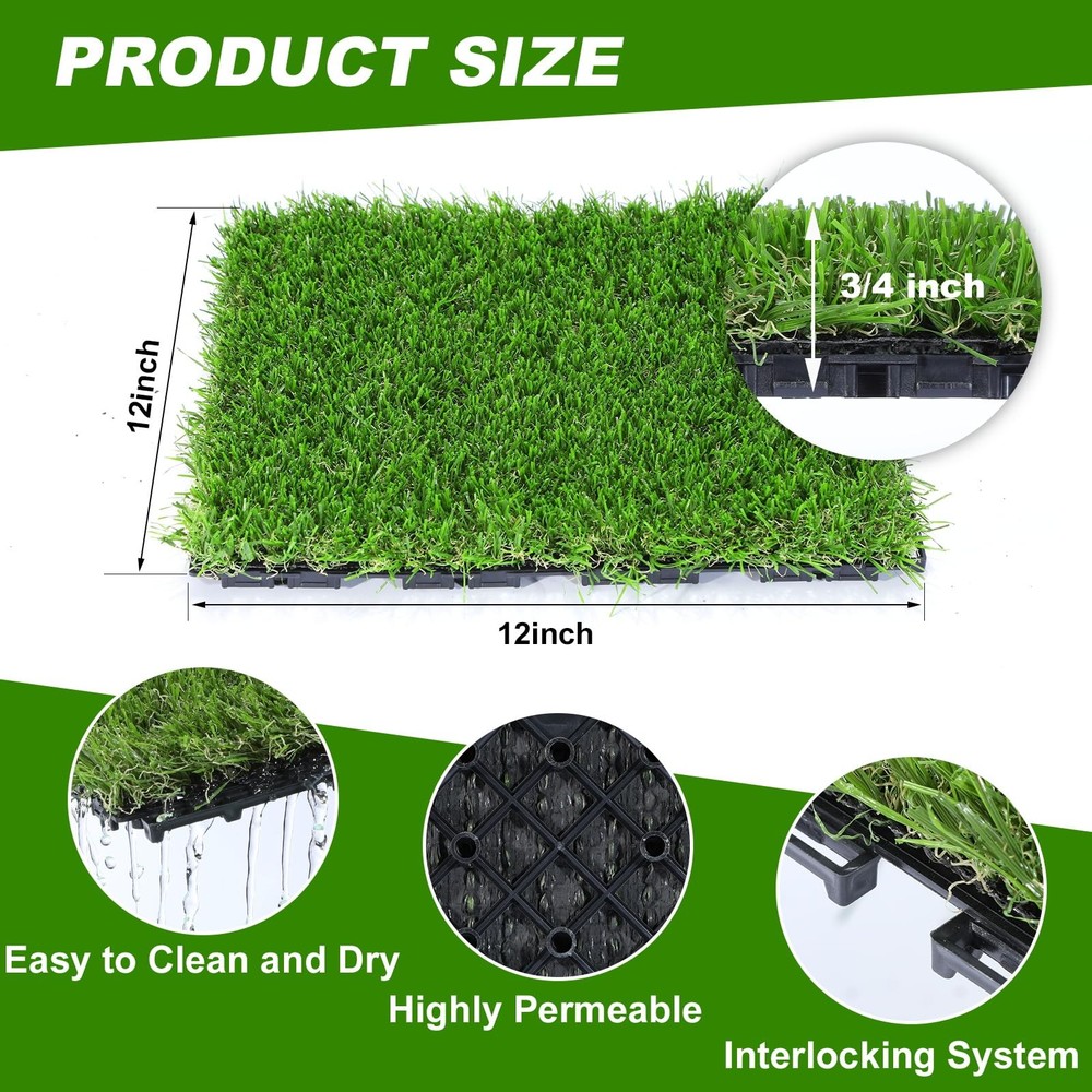 Artificial Grass Tiles Interlocking Turf Squares Deck 9 Pack -12"x12" Indoor ...