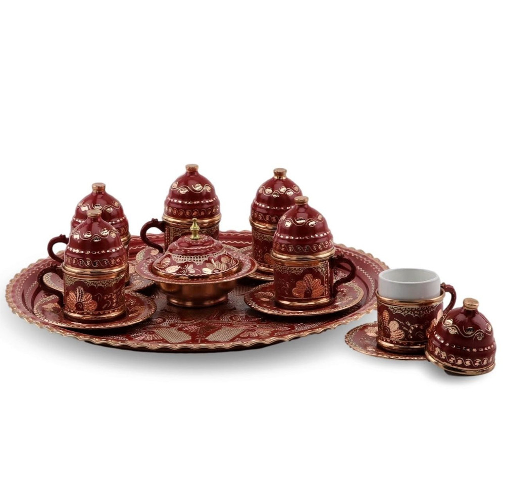Handmade Solid Copper Turkish Coffee Serving Set RED color