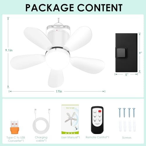 Solar Ceiling Fan Light, Foldable Solar Panel Portable Medium Ceiling Fan