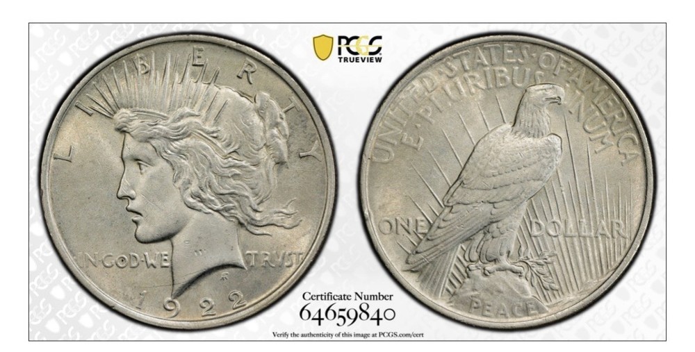 1922 PEACE SILVER DOLLAR PCGS MS62 NICE COIN