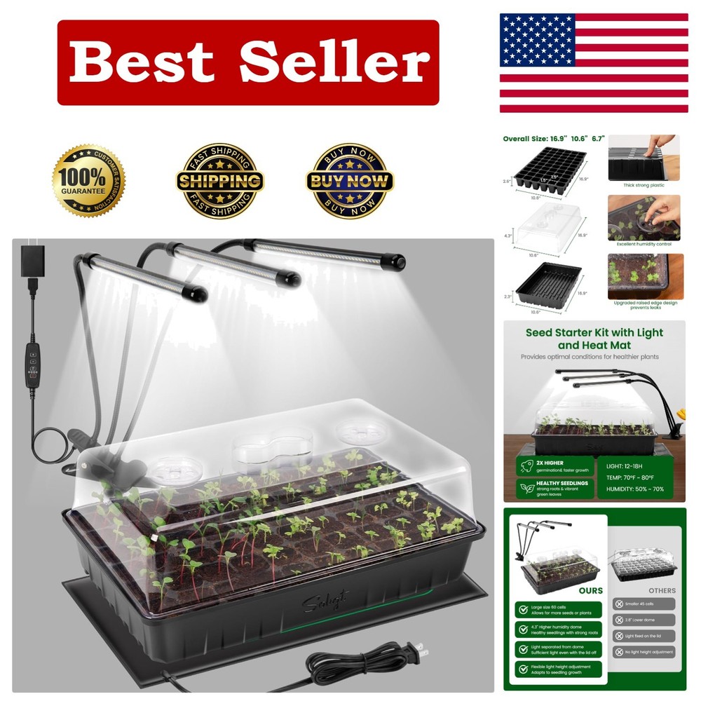 Effortless Seed Germination: 60-Cell Starter Kit with Humidity Dome & Grow Light