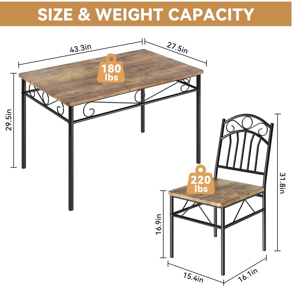 5-Piece Kitchen Dining Table Set for 4, Rectangular Dinette with Wooden Chairs