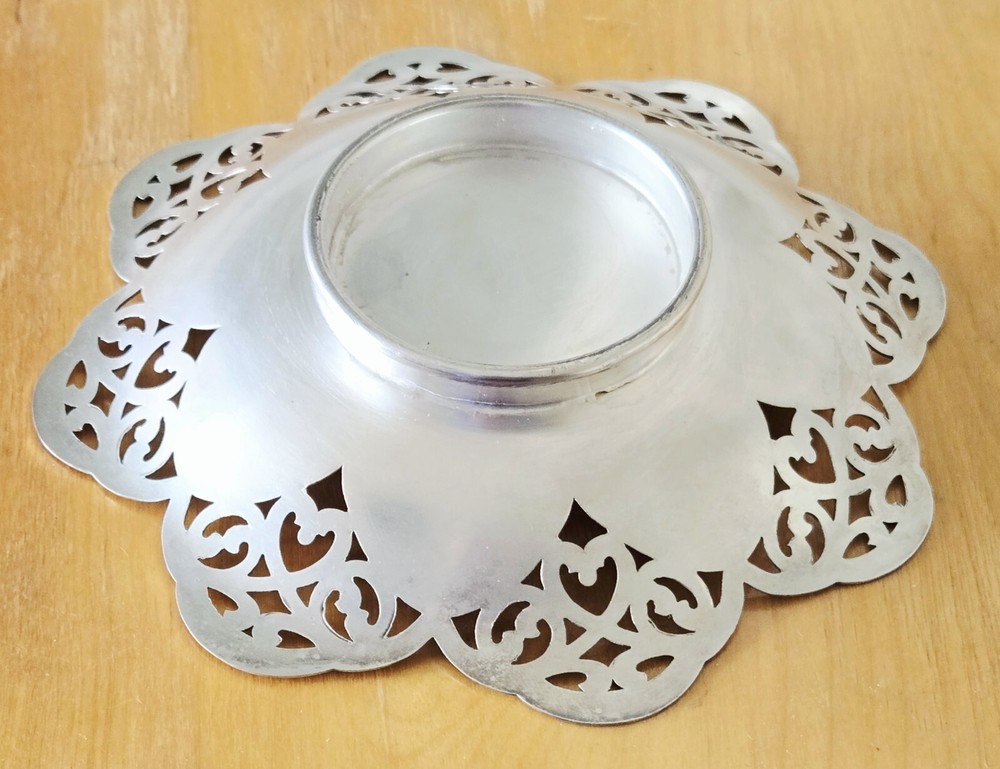 Vintage Silverplate Candy, Nut Dish 6" Engraved & Pierced Design