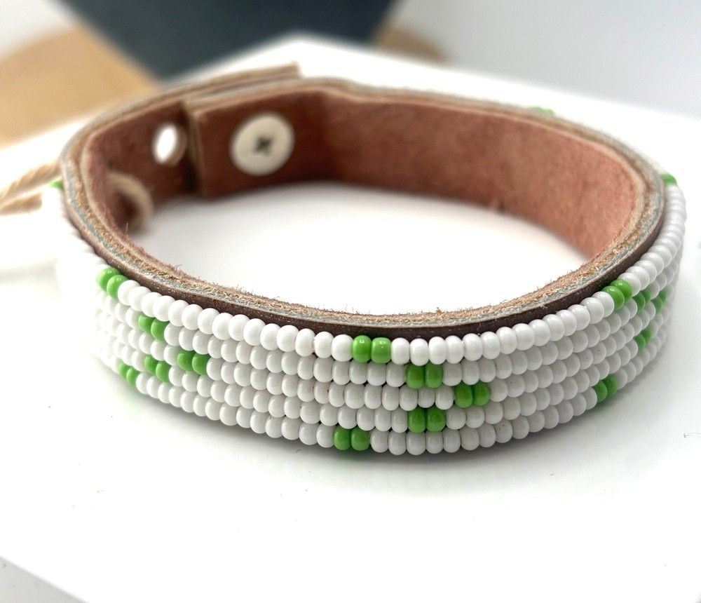 Small Green and White Chevron Leather Cuff