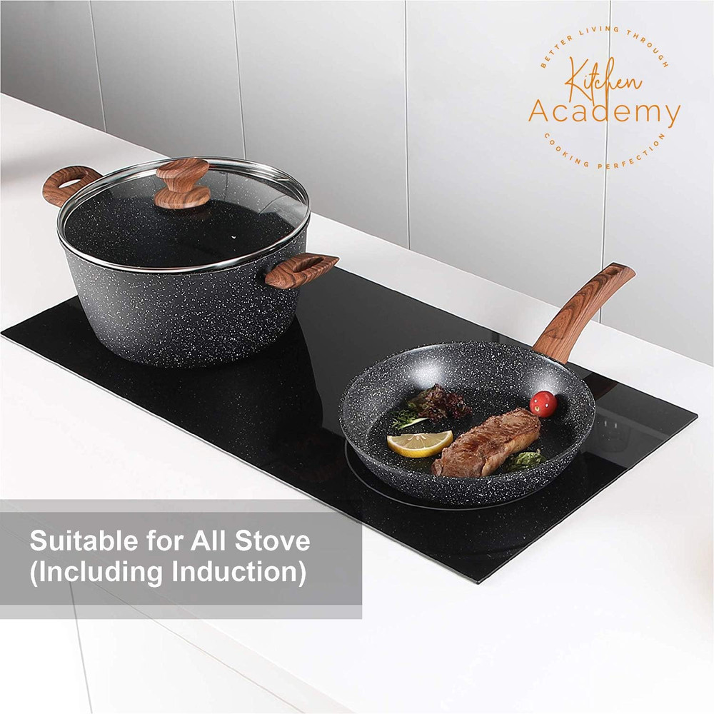 Kitchen Academy Induction 12 Piece Granite Black Nonstick Cookware Pan Set