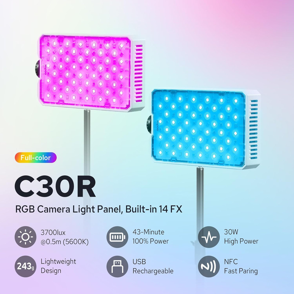 C30R RGB Camera Light Panel 30W, Portable Led Camera Video Light Panel W/Diffusi