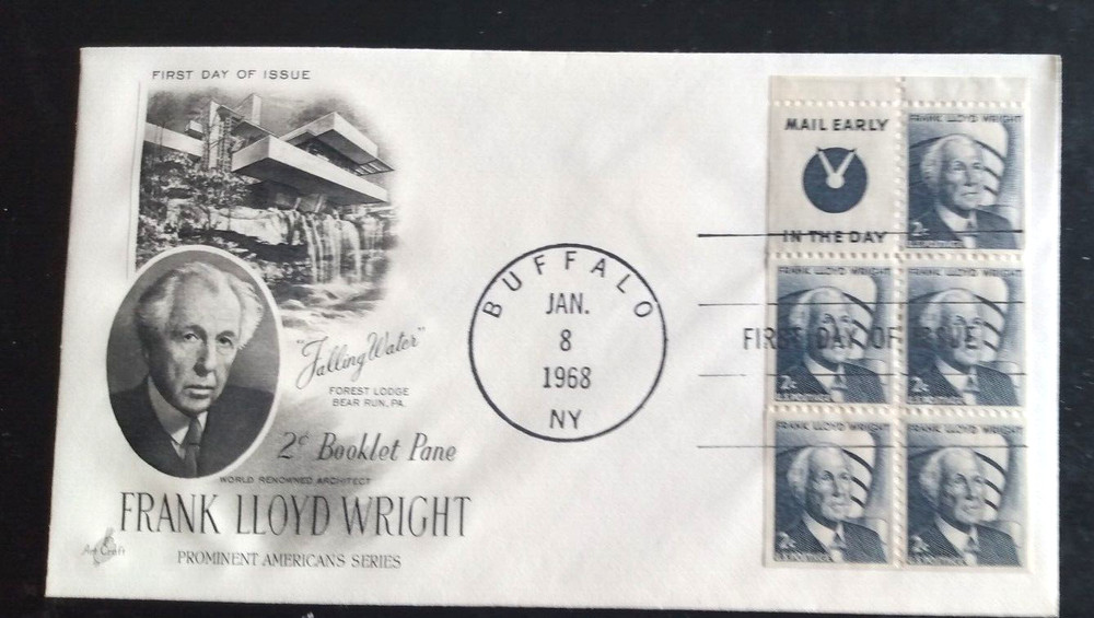 ARCHITECT FRANK LLOYD WRIGHT FALLINGWATER CACHET MAIL EARLY BOOKLET 1968 FDC UNA