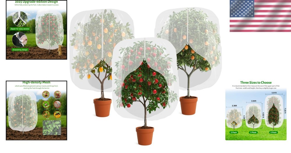 Breathable 3pk Fruit Tree Netting with Adjustable Drawstring - Protects Berries