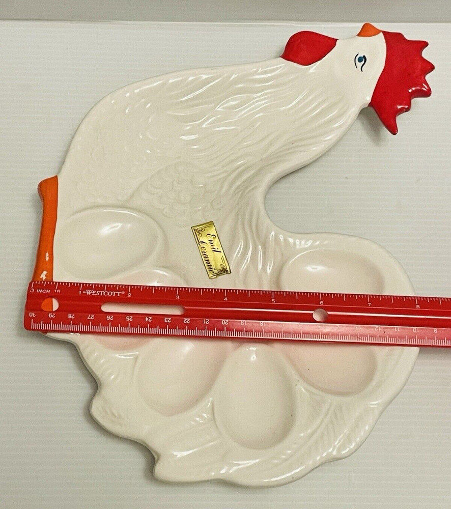 Emil Ceramic Rooster shaped egg holder serving ceramic plate.