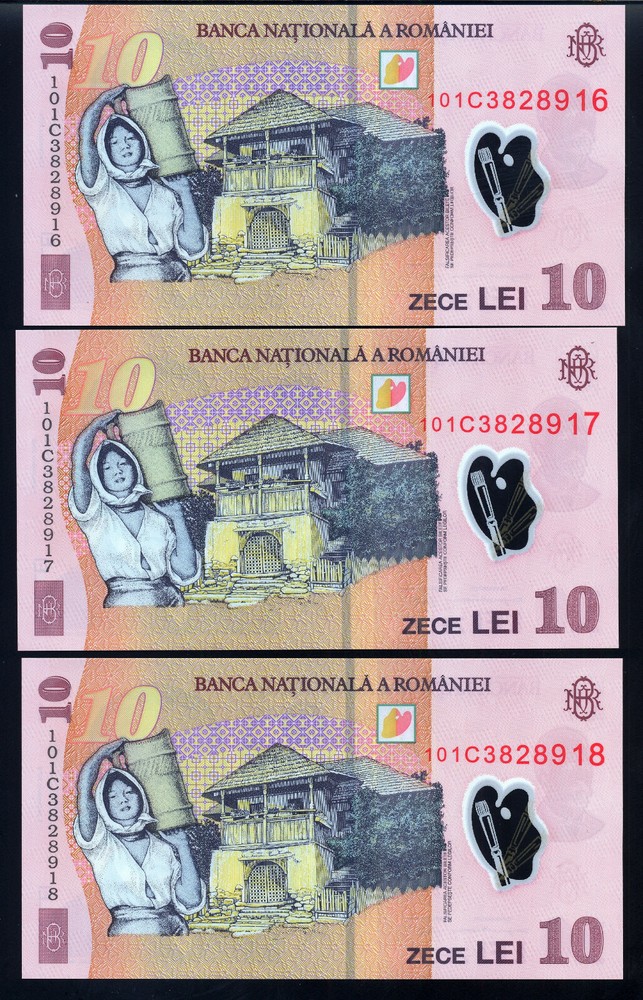 ROMANIA - 10 LEI 2008 (10) UNC - POLYMER - 3 CONSECUTIVE SERIAL NUMBERS