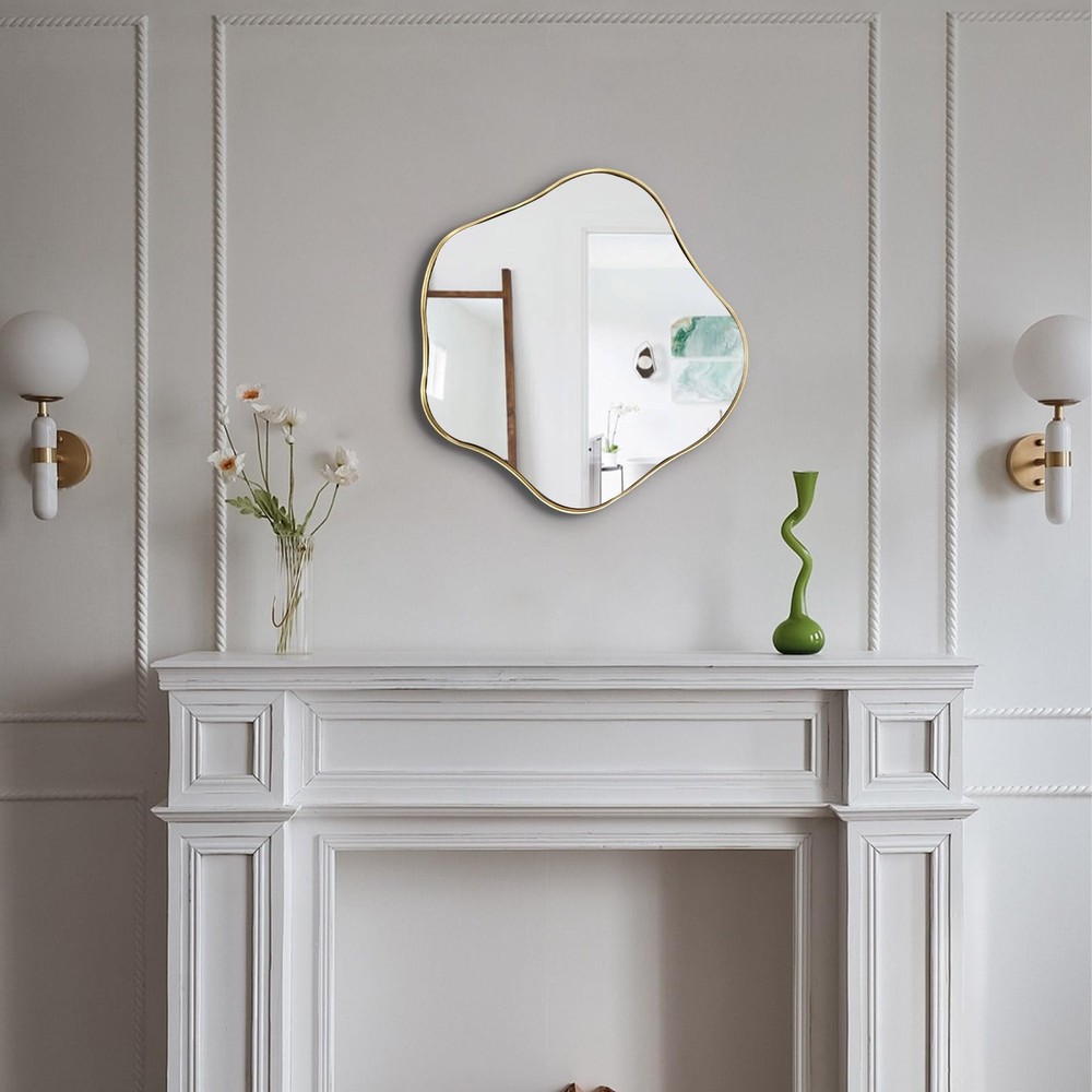 Gold Irregular Mirror, 16" Asymmetrical Shaped Mirror, Wavy Round Mirrors Dec...