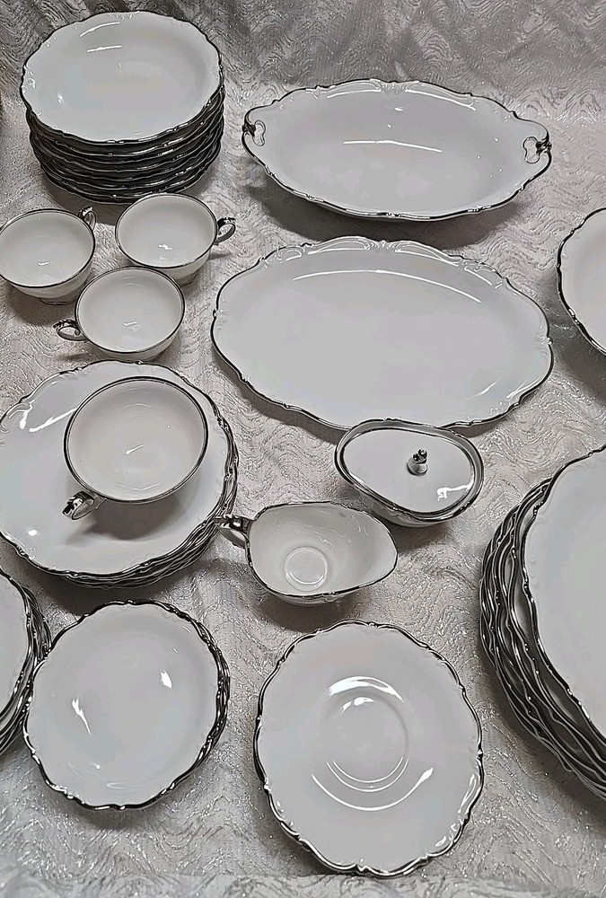 53 Pc Bavaria Tirschenreuth Silver Scroll Scalloped Dinnerware Set Pasco White