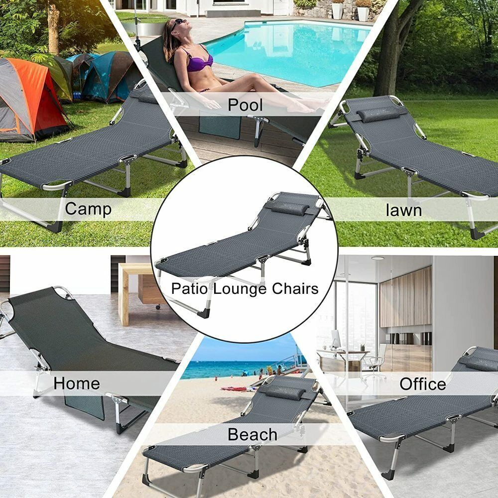 Adjustable 4-Position Folding Camping Cot Reclining Chair Chaise with Cotton Mat