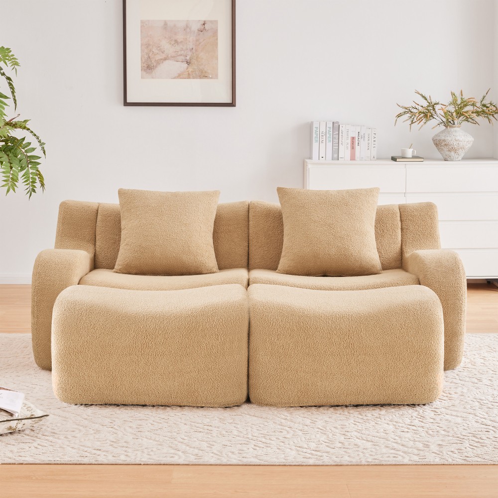 Soft Teddy Fabric Modular Sofa w/ Ergonomic Support & Anti-Slip Base, Camel