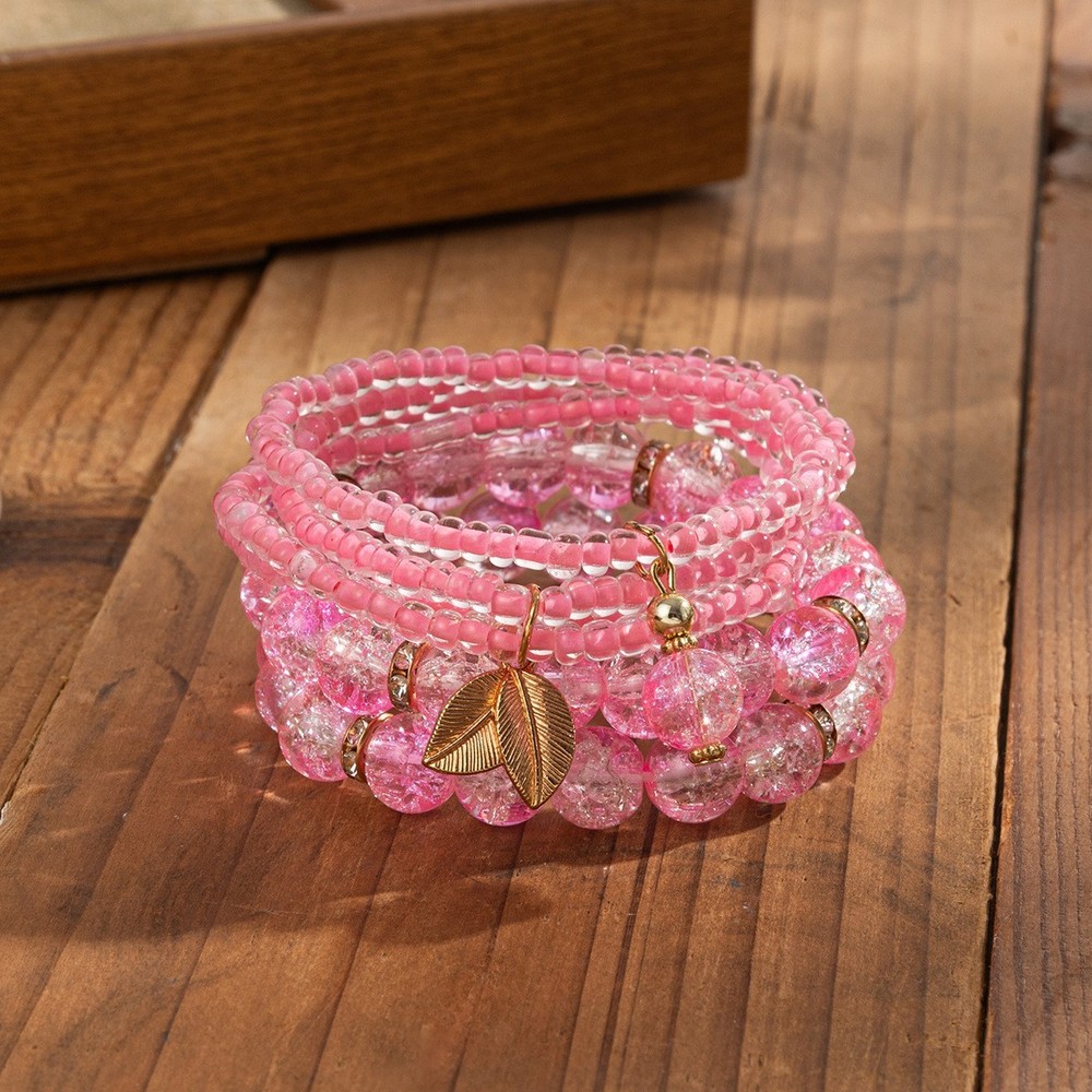 Boho Leaf Charm Bracelet Multi Layer Stackable Seed Bead Pink Stone Jewelry Wome
