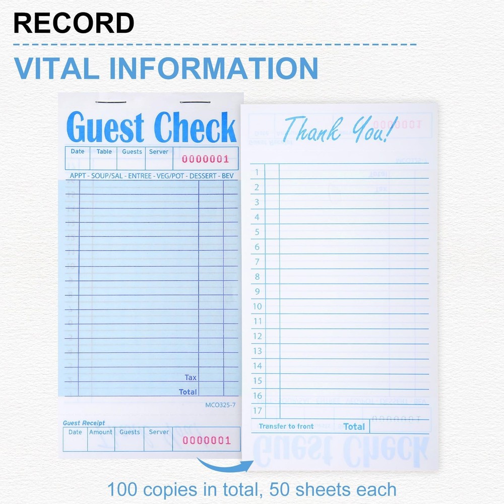 100 Pack Guest Check Book for Servers Bulk, Waitress Checkbook Paper Server N...