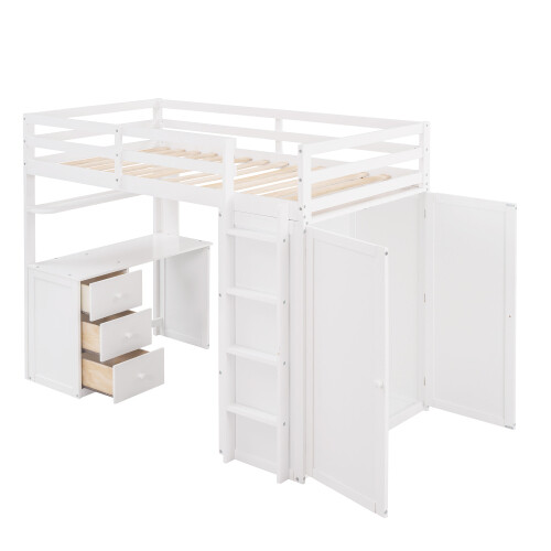 Solid Wood Loft Bed with Desk and Wardrobe Storage Cabinet Twin Size Bed Frames