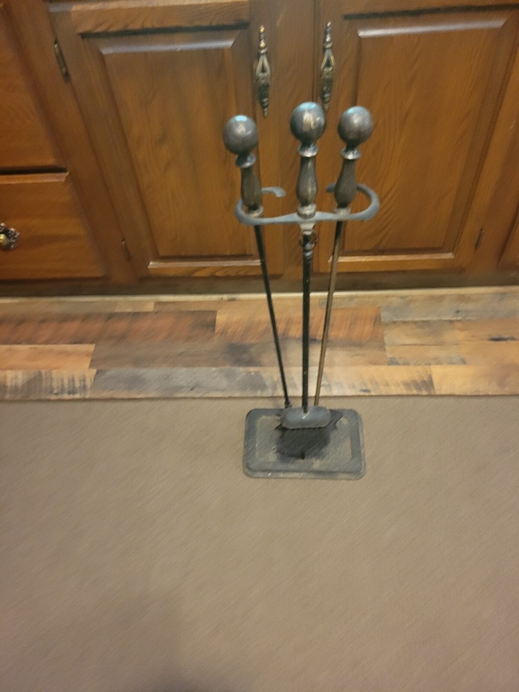 Vintage Antique Solid Brass Hand Forged Fireplace 3 Tools with Stand Set