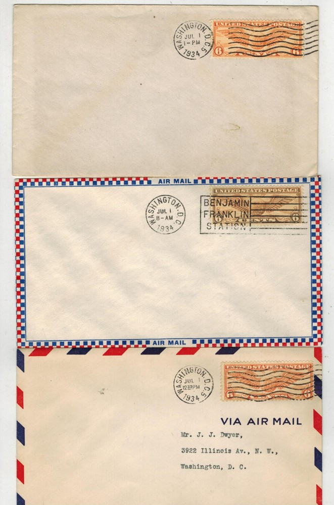 1934 AIRMAIL FDC C19 WINGED GLOBE STAMP SET OF 3 DIFF ENVELOPES INC ROESSLER $30