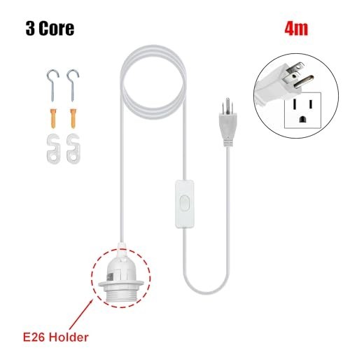 White Plug-in Light Socket 16Ft Pendant Cord Kit E26 Hanging Light Socket