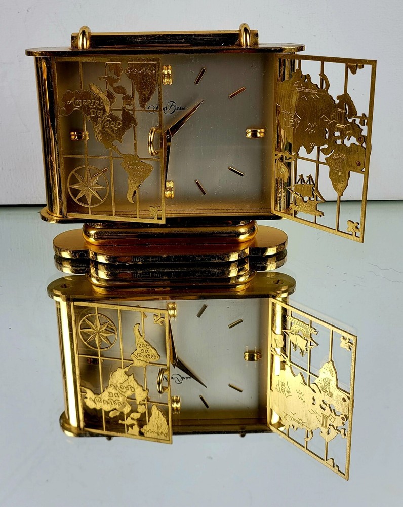 Saint Blaise Gold Tone Mantel Clock World Map Cutout