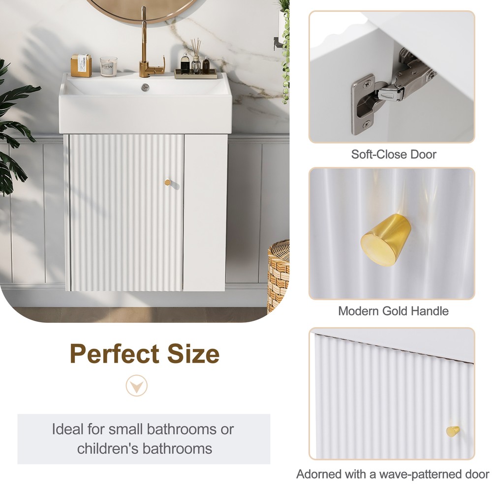 21.6inch Modern Floating Bathroom Vanity with Ceramic Basin Right side storage