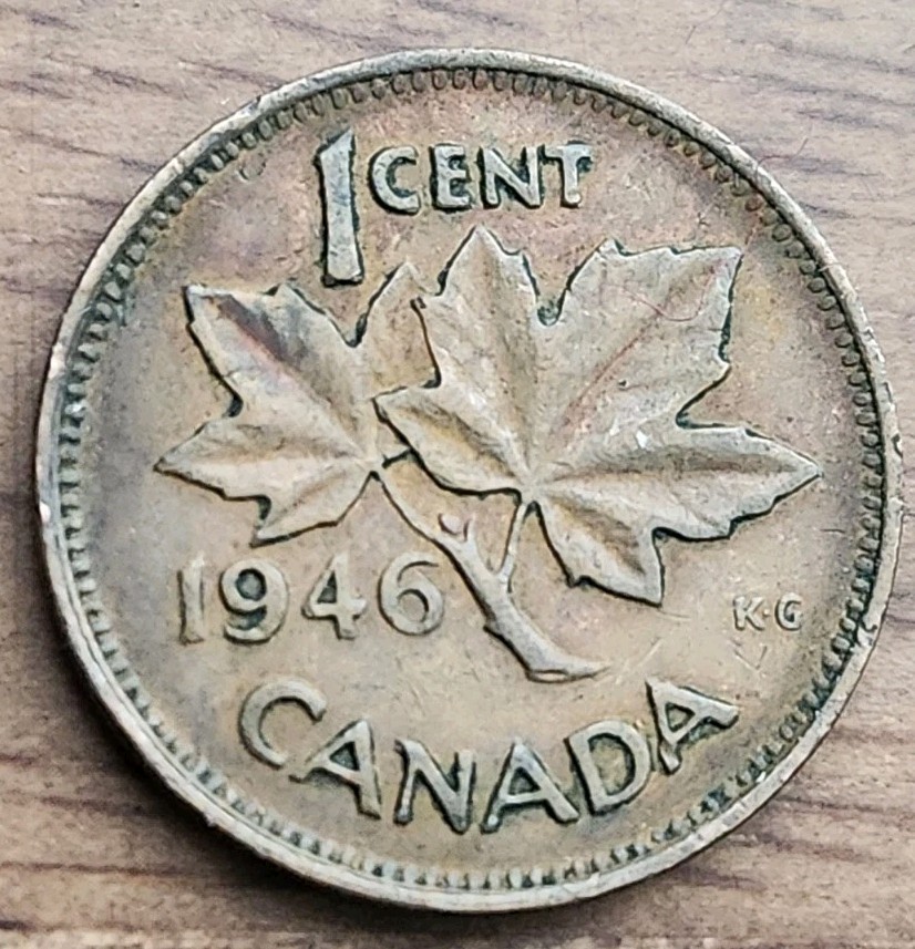 1946 Canada One Cent Rainbow Toning On Front