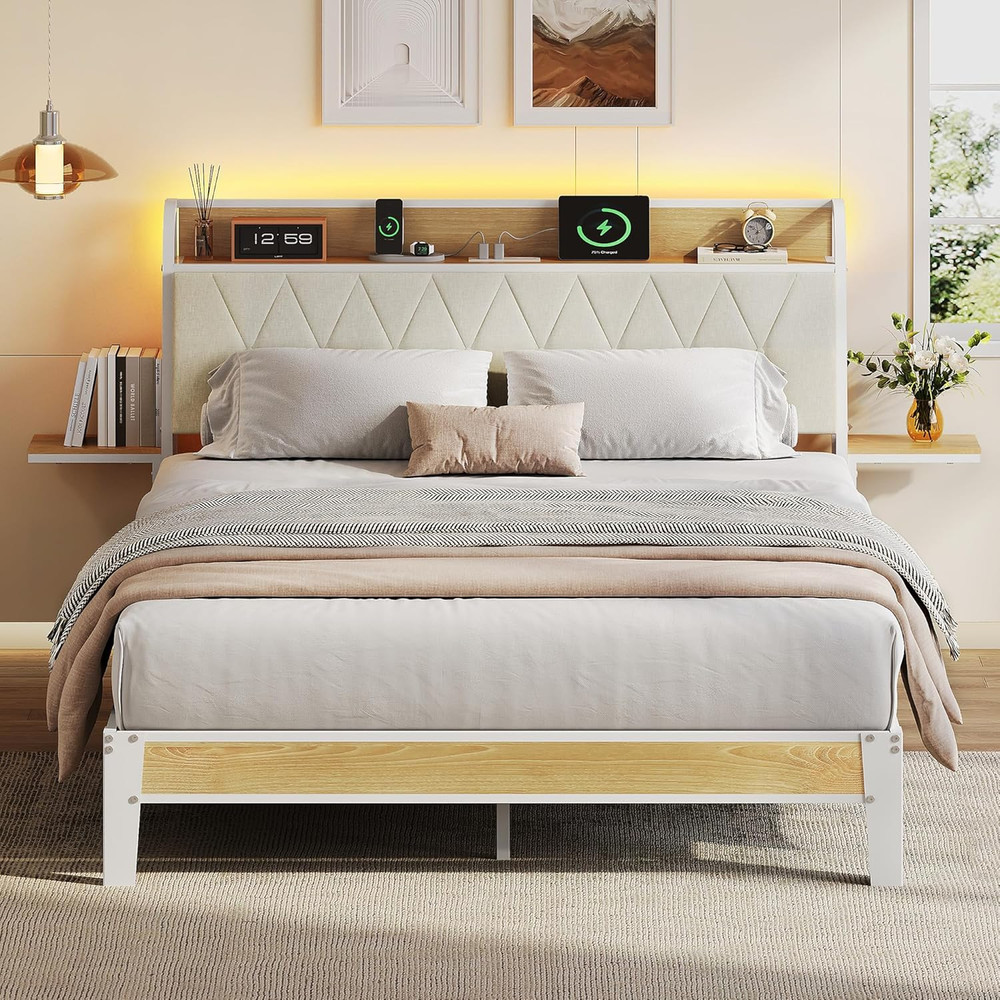 WLIVE Queen Bed Frame with Headboard, Upholstered Bed Frame with 2 Storage Shelv