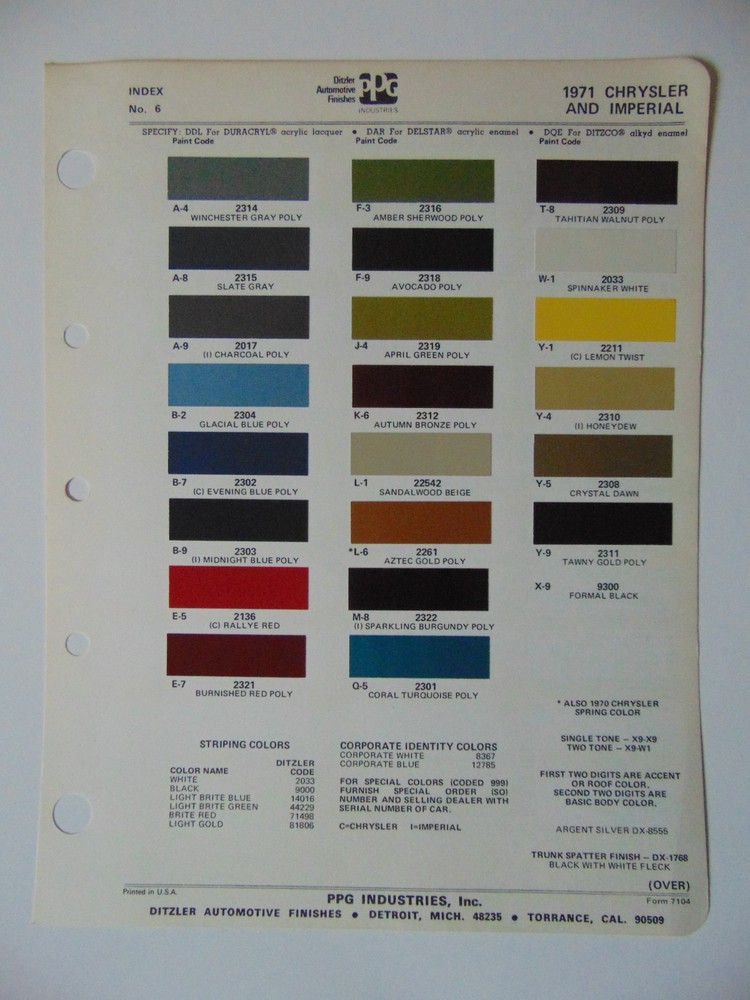 Original 1971 Ditzler Chrysler and Imperial Paint Chips Sheet